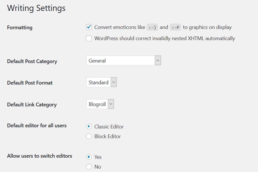 WordPress Classic Editor settings Screenshot