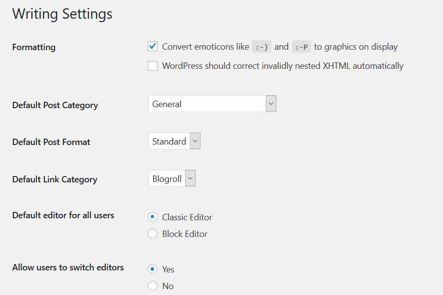 WordPress Classic Editor settings Screenshot